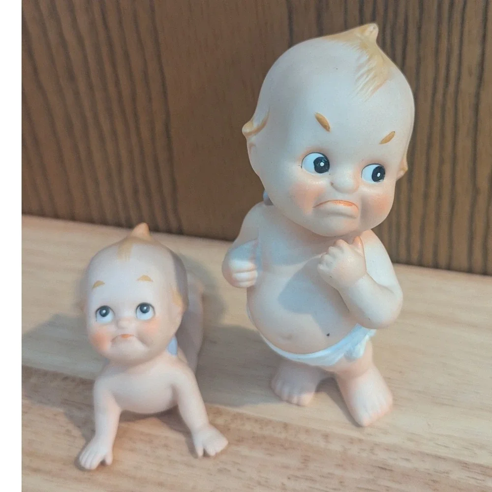 Two Vintage Bisque Porcelain Lefton Kewpie Figurines Grumpy Pouting Disgruntled